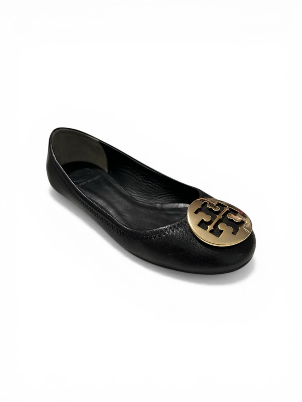 Tory Burch Black Leather Ballet Flat with Gold Logo Disc